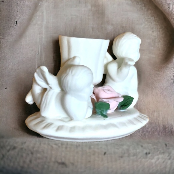 Vintage White Ceramic Cherub Angels Candlestick Holder Figurine - Picture 4 of 7